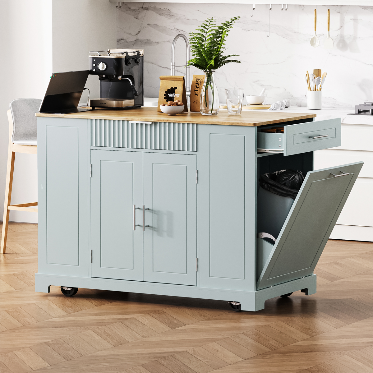 variant-group:rf-n707p221571g|Roomfitters Fluted Kitchen Island with Trash Can Cabinet, Power Outlet, Storage Rack, Rolling Cart with Open Side Racks, Grey Blue