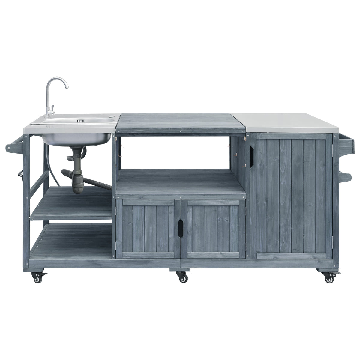 variant-group:rf-n707s000022g|Roomfitters 75.4" Outdoor Kitchen Island with Sink, Fir Wood Grill Cart for XL Green Egg & Tabletop Grills, Grey Blue