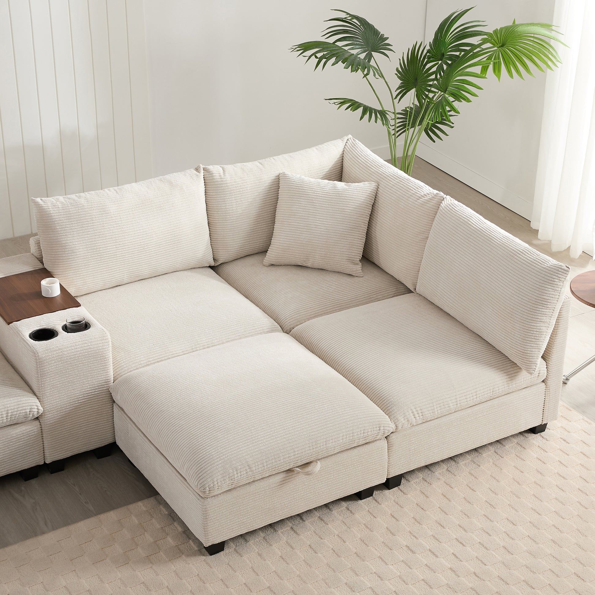 variant-group:rf-n723s1166a|Roomfitters 139 Inch U-Shaped Modular Sectional Sofa with Storage Console, Cup Holders and USB Ports for Living Room, Beige