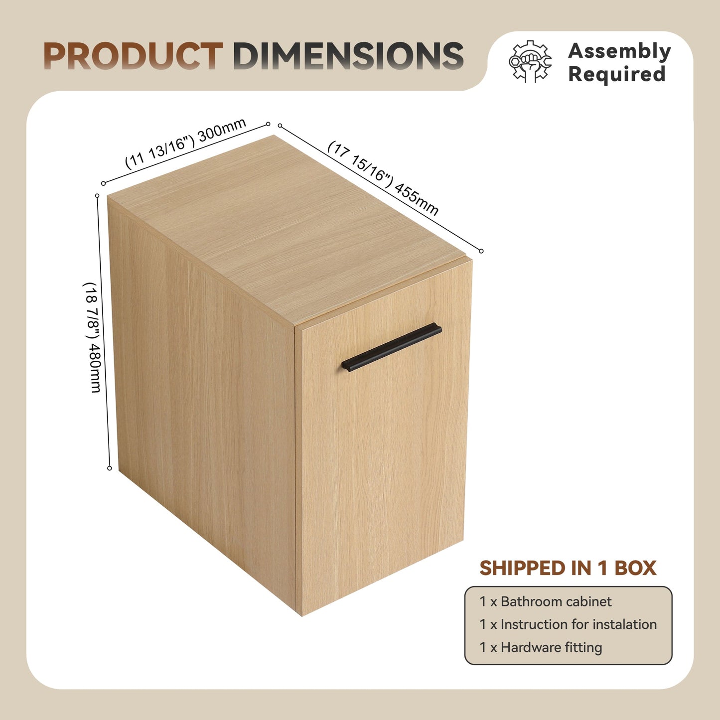 12" Floating Bathroom Vanity Single Door Base Cabinet, Light Oak Plywood Wall-Mounted Storage with Black/Aluminum Handles (Sink Not Included) Roomfitters