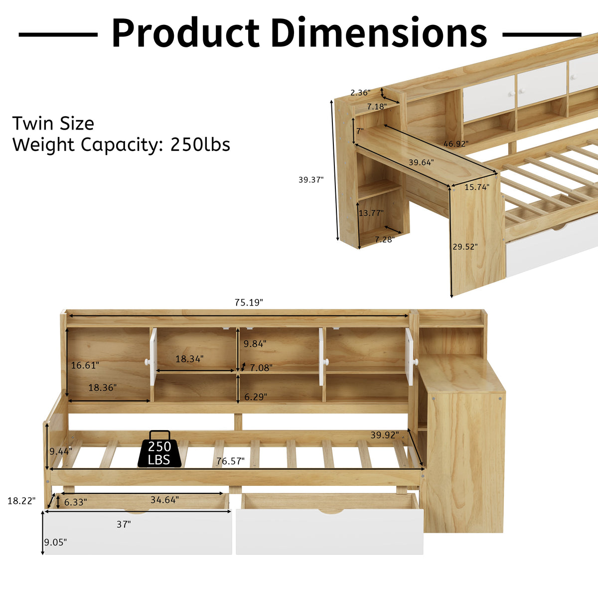Roomfitters Wooden L-Shape Daybed with Seven Storage Cabinets and Two Storage Compartments, Multi-functional Bed with Study Desk and Built-in Bookshelf, Natural+White