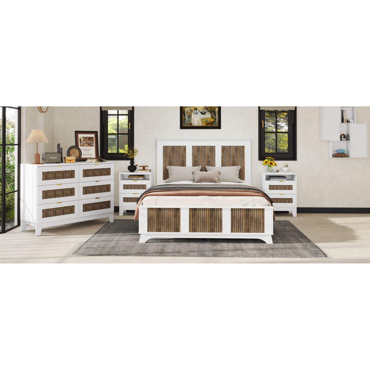 variant-group:rf-n733wf530906aak|Roomfitters Farmhouse Wooden Platform Queen Size Bed, Modern Platform Bed with Wooden Strip Decoration and Plywood Slats Support, White