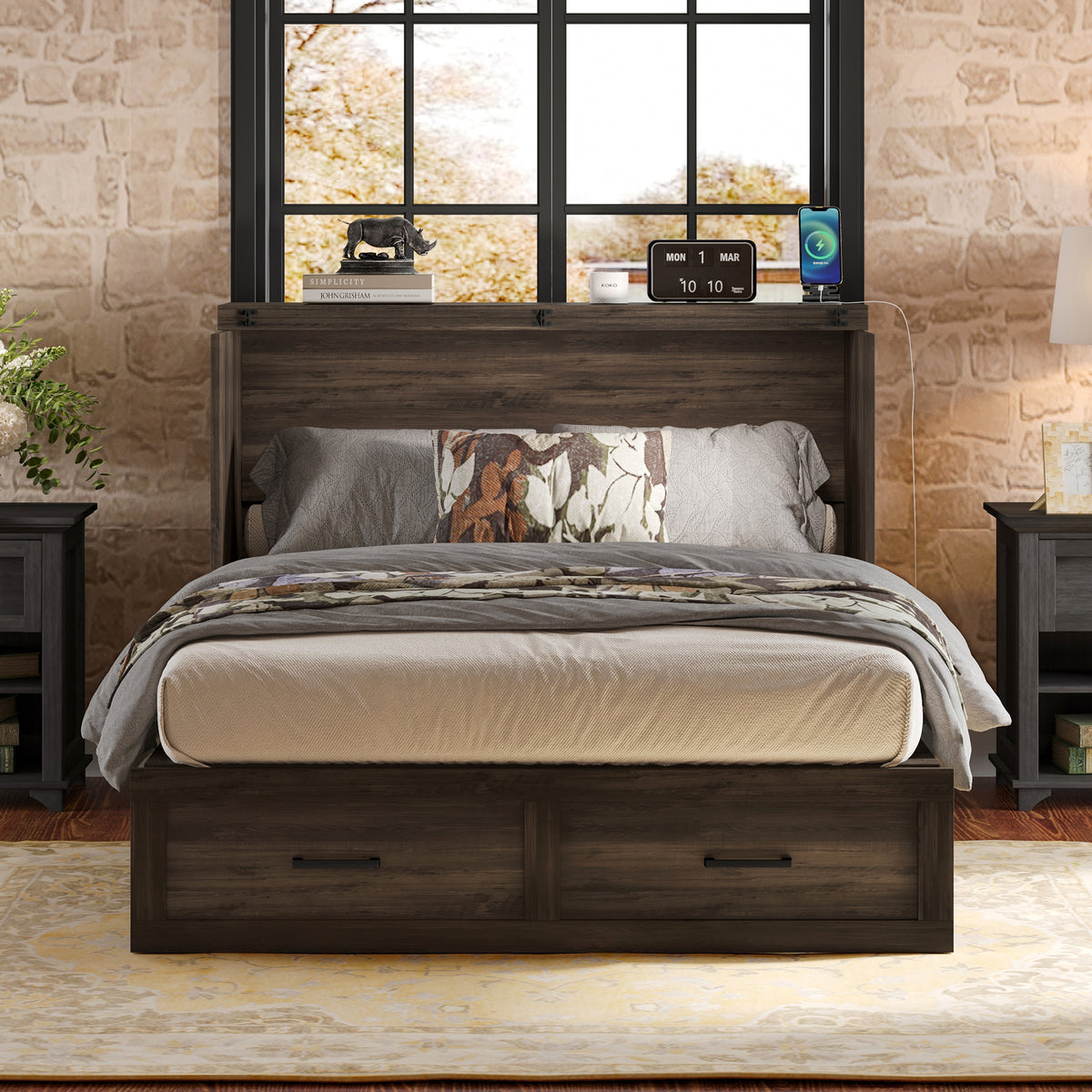 variant-group:rf-n733s237853g|Roomfitters Full Size Farmhouse Murphy Cabinet Bed with Charging Station, Foldable Platform Bed with Large Storage for Guest Room, Small Bedroom, Rustic Gray