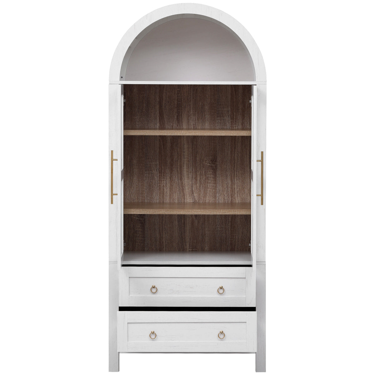 variant-group:rf-n707p288972w|Roomfitters 71" Pantry Cabinet with Arched Top and Glass Doors, 2 Storage Drawers and Adjustable Shelves for Kitchen, White