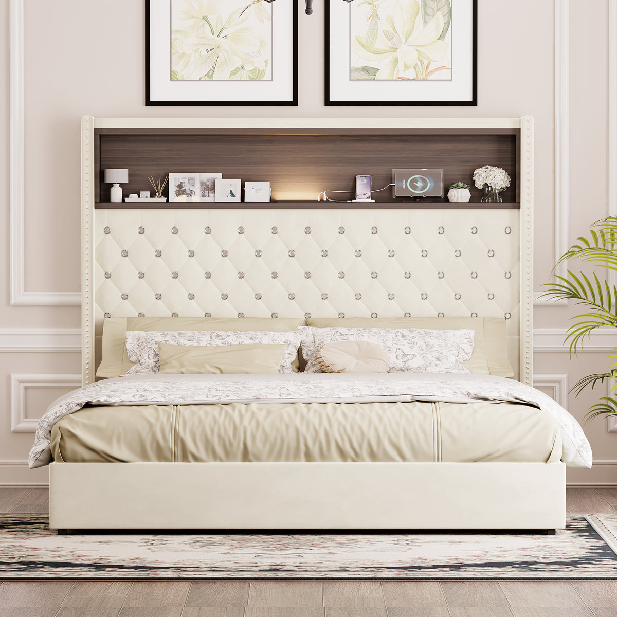 variant-group:rf-n733p367135a|Roomfitters Queen Velvet Tufted Platform Bed with Charging Ports, Tall Wingback Headboard with Rivet Trim and Shelf, Beige