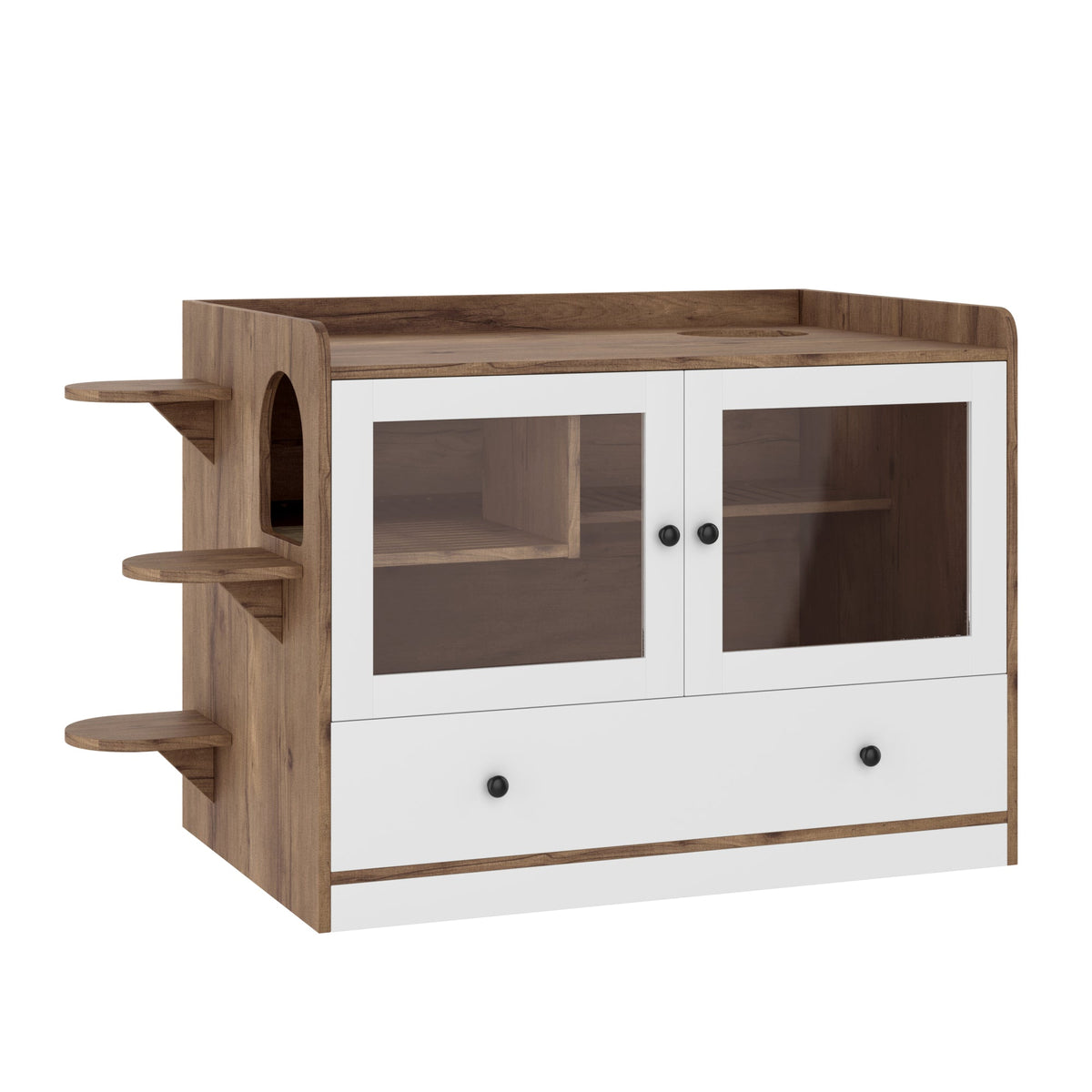 Roomfitters Luxury Cat Litter Box Enclosure Furniture Side Table Cabinet with Deep Cleaning Drawer White Brown Roomfitters