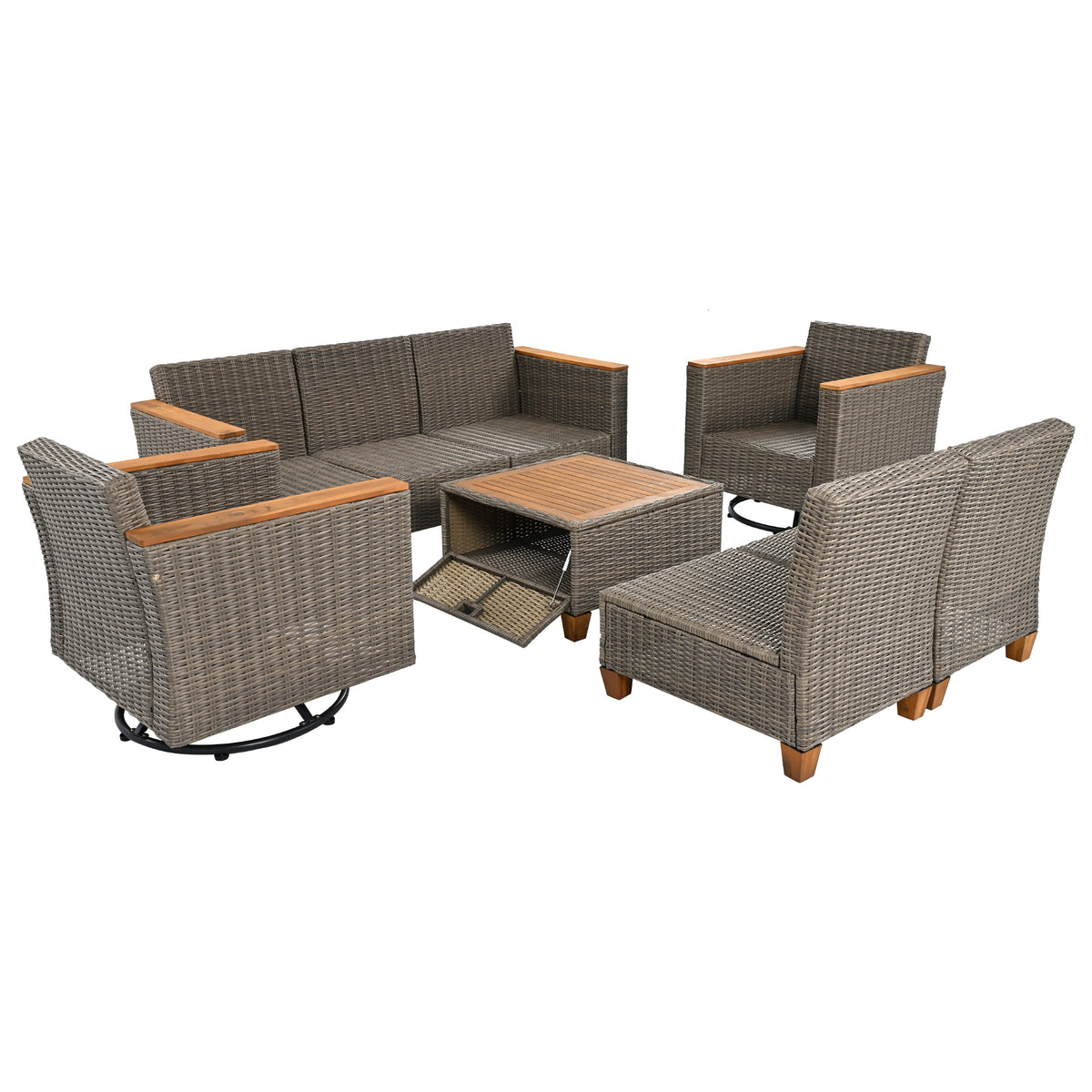 variant-group:rf-n707s005016z|Roomfitters 8-Piece Patio Furniture Set with 360 Swivel Rocker Chairs, Modular Outdoor Sectional Sofa & Table, Beige+Brown