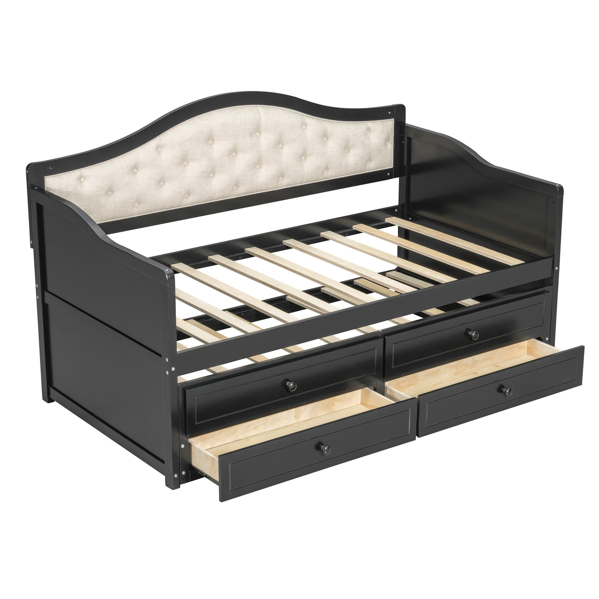 variant-group:rf-n733s346767p|Roomfitters Twin Daybed with Trundle, Wooden Sofa Bed with 2 Storage Drawers & Tufted Backrest, Black