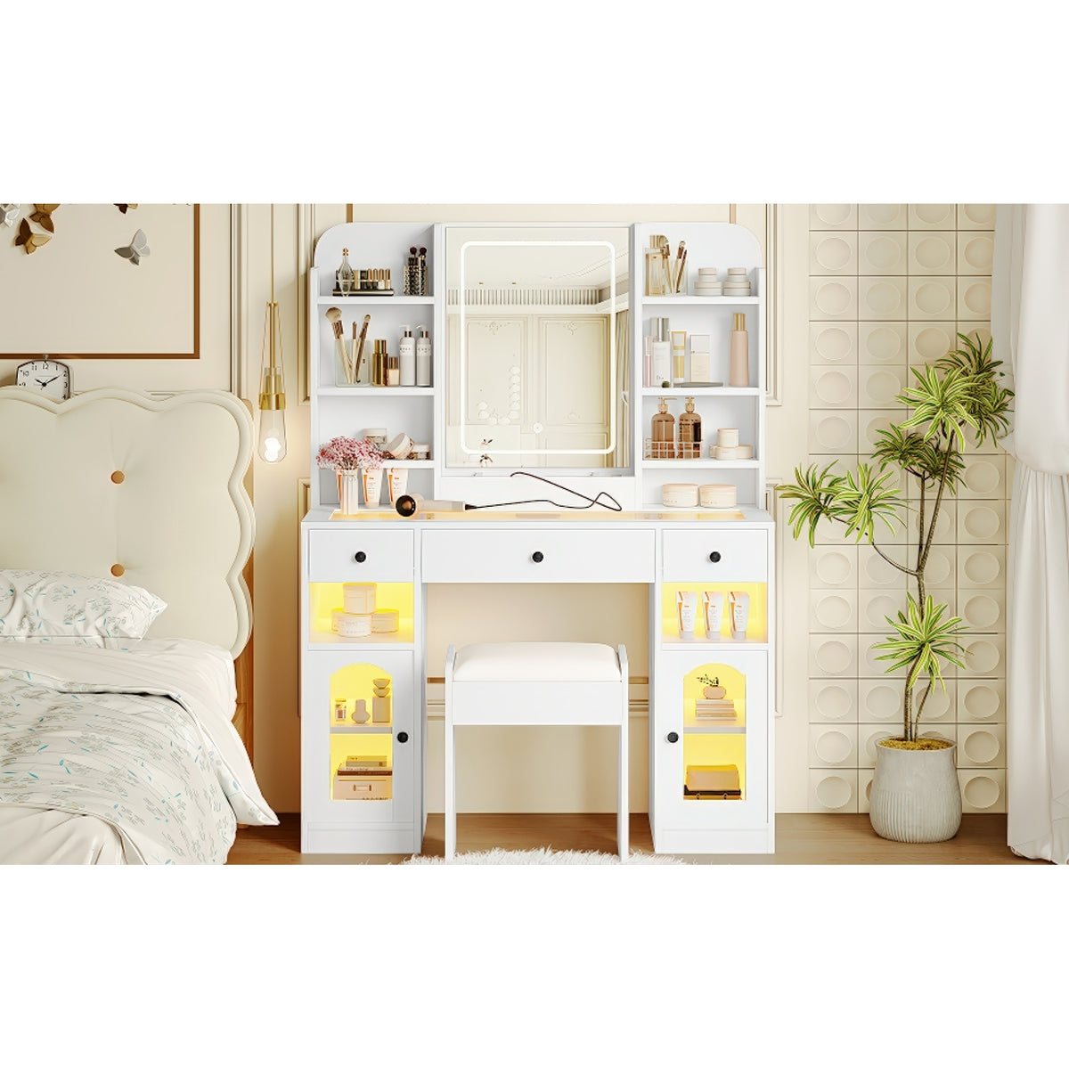 variant-group:rf-n704p407114k|Roomfitters 43.2" Makeup Vanity Desk with LED Lighted Mirror, Glass Door Cabinets, Charging Station and Stool, White