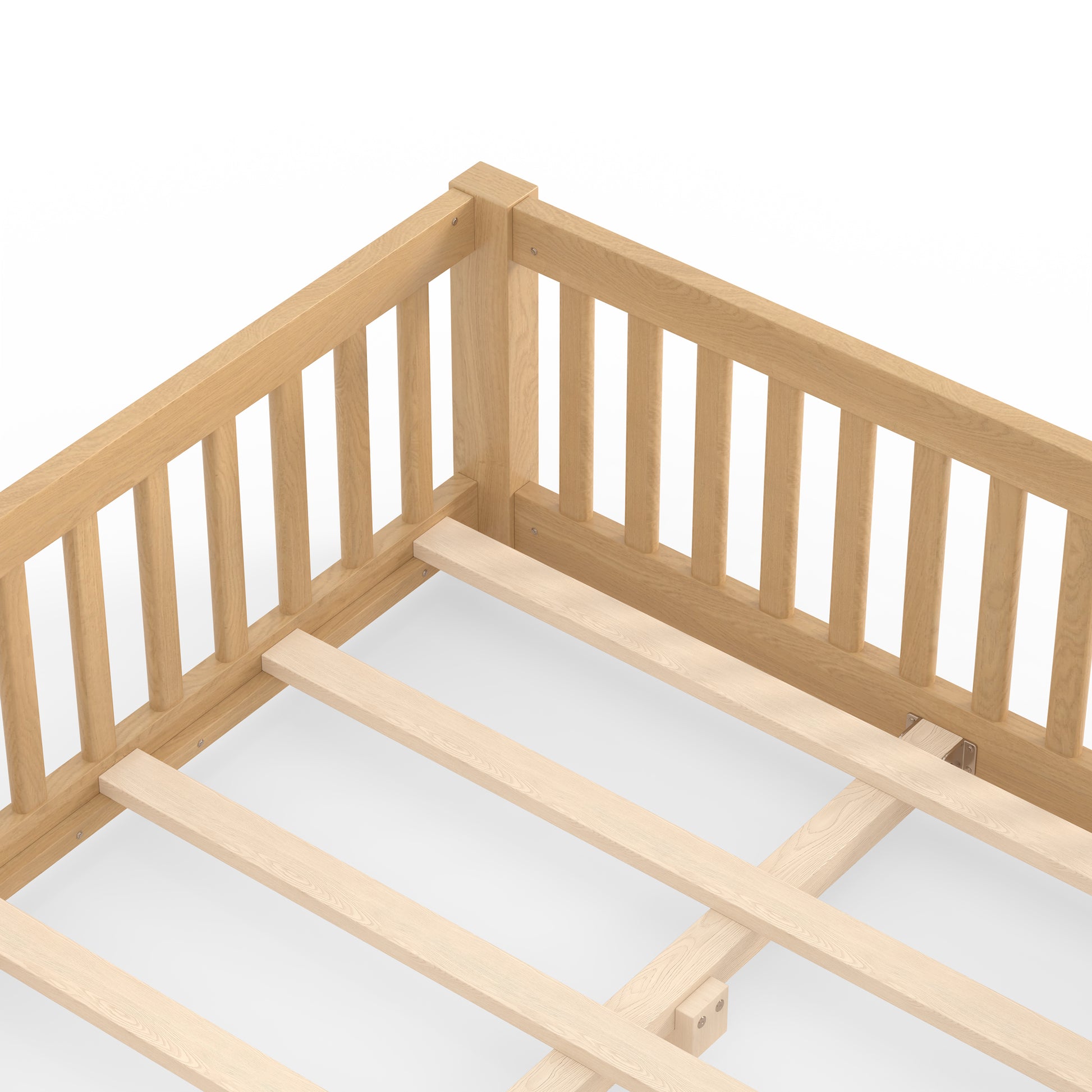 variant-group:rf-w1580p462323|Roomfitters Full Size Wooden Floor Bed Frame with Safety Guardrails Door, Solid Wood Low Profile Toddler Play Bed, Natural