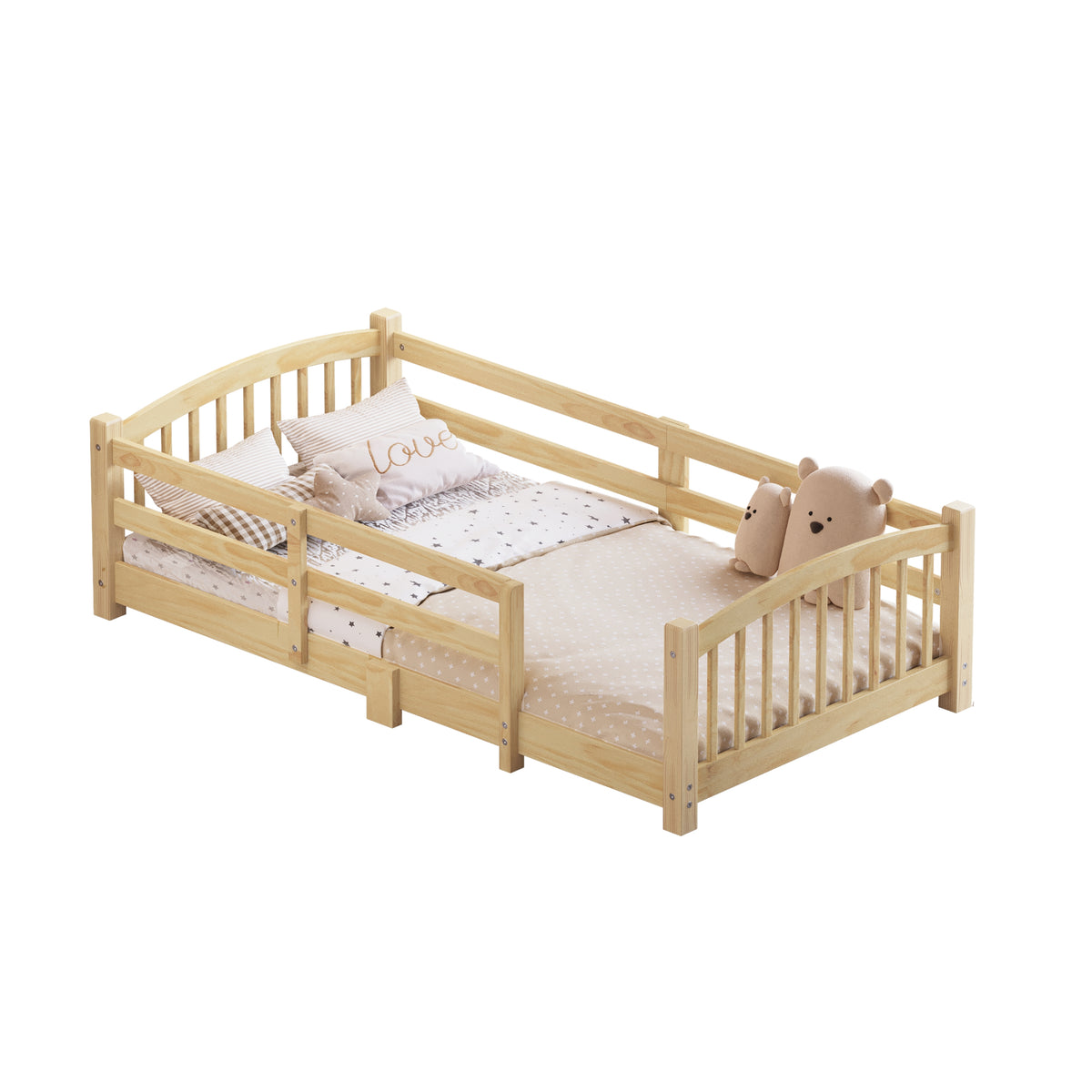 variant-group:rf-n733p400298n|Roomfitters Twin Montessori Floor Bed with Guardrails, Solid Wood Low Platform Bed with Slats, Easy Assembly, Natural