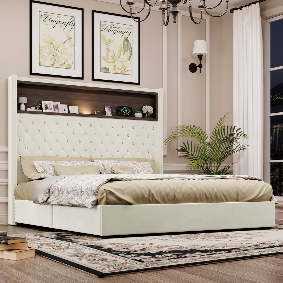 variant-group:rf-n733p367135a|Roomfitters Queen Velvet Tufted Platform Bed with Charging Ports, Tall Wingback Headboard with Rivet Trim and Shelf, Beige