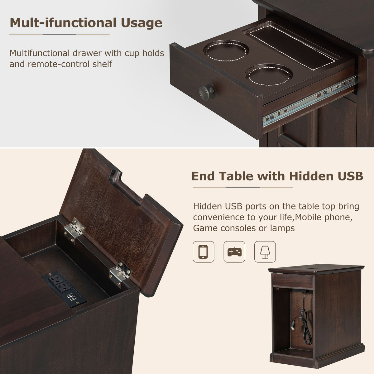 variant-group:rf-n724p185778p|Roomfitters Vintage End Table with USB Ports, Cup Holders and Multifunctional Storage for Living Room, Espresso
