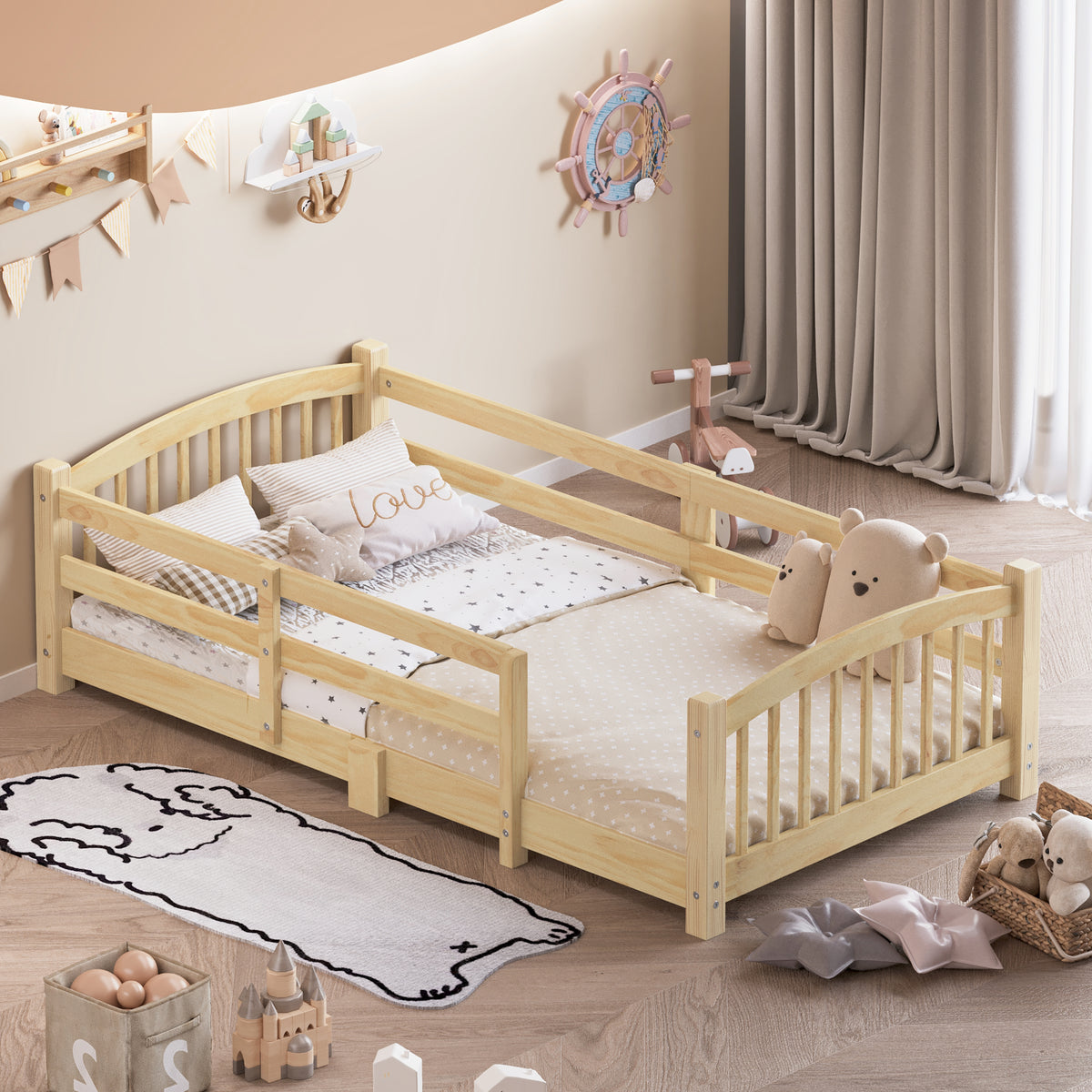 variant-group:rf-n733p400298n|Roomfitters Twin Montessori Floor Bed with Guardrails, Solid Wood Low Platform Bed with Slats, Easy Assembly, Natural
