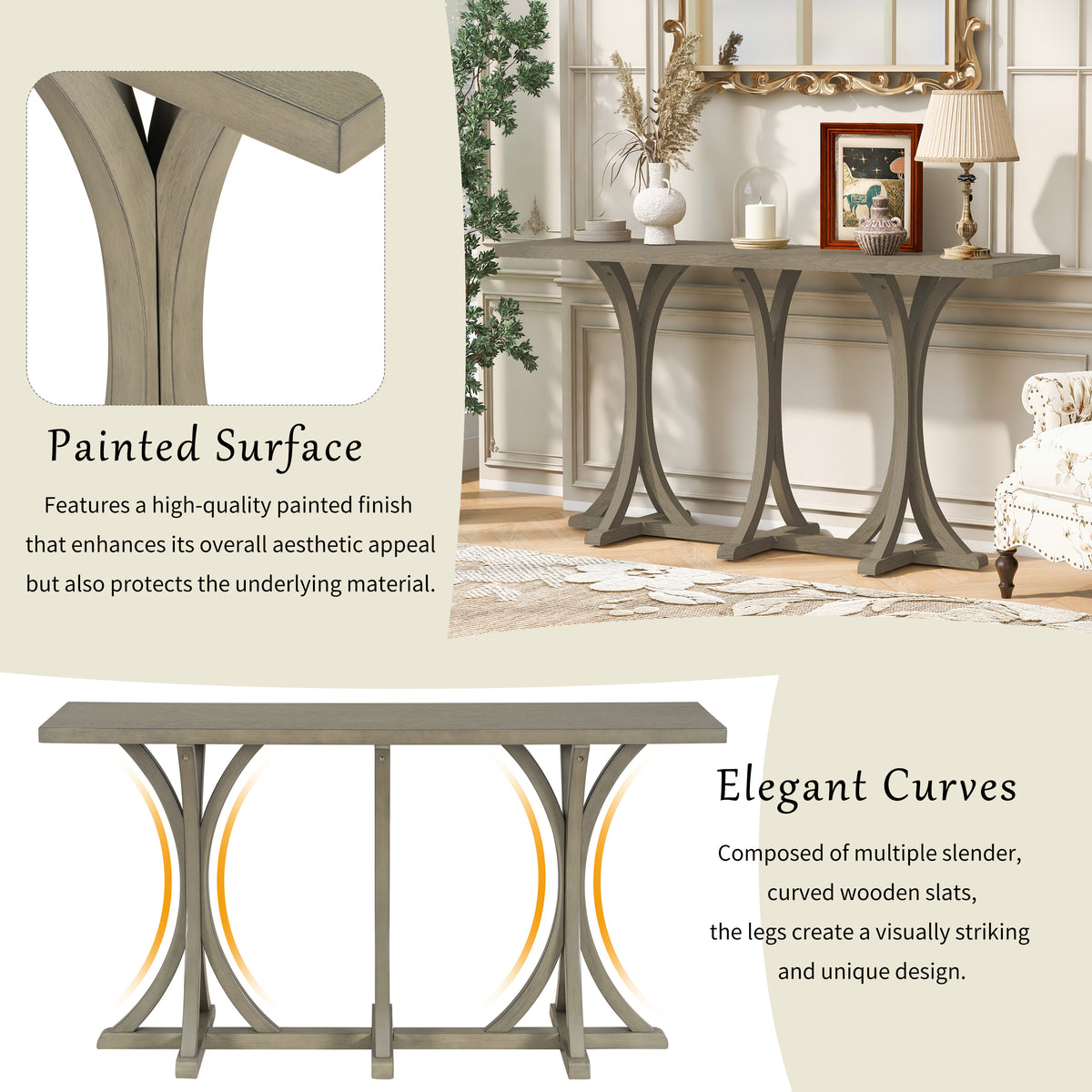 variant-group:rf-n711p295300e|Roomfitters 59.8" Console Table with Oak Veneer Top, Modern Arched Leg Entryway Sofa Table for Hallway & Living Room, Gray