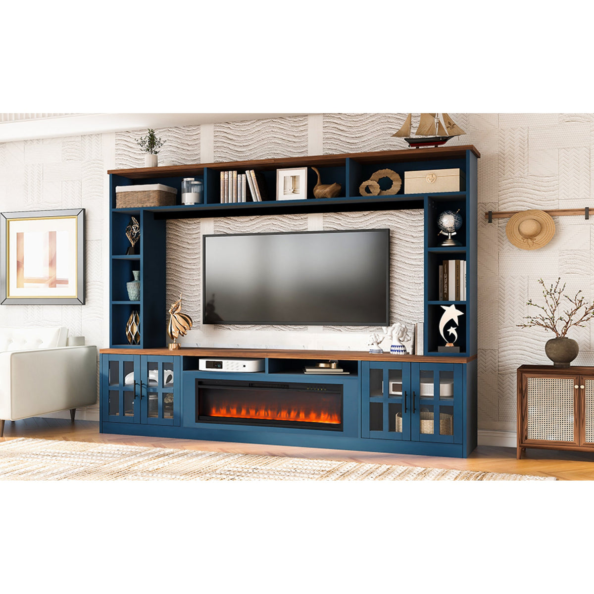 Roomfitters 95.5"W Large Wall Unit Entertainment Center, 39" LED Fireplace, Navy Blue Roomfitters