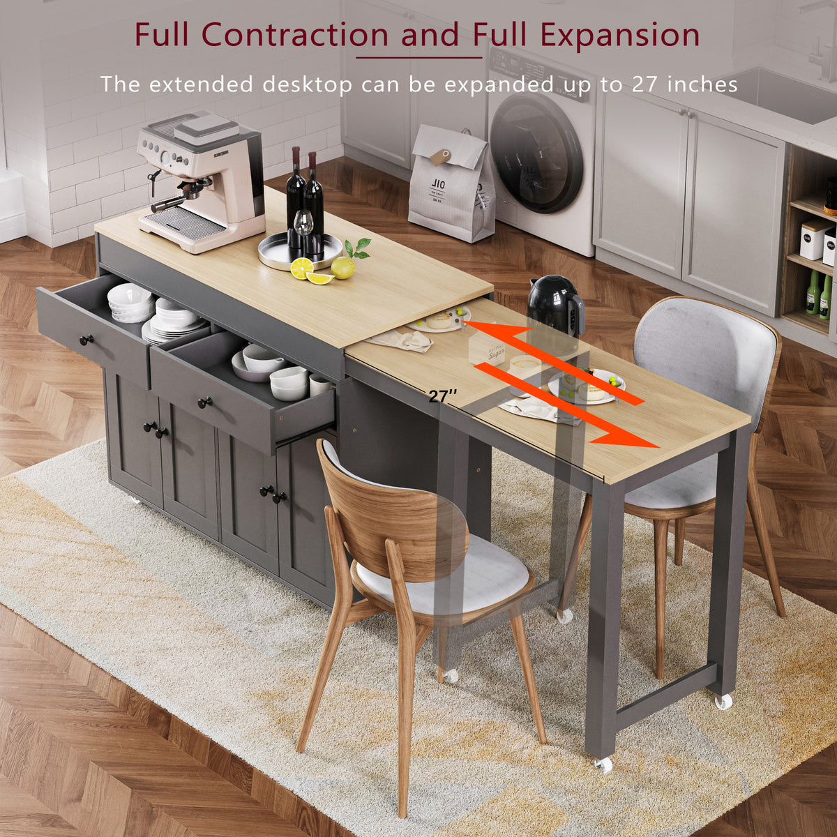 variant-group:rf-n707p333291g|Roomfitters 74.8" Rolling Kitchen Island with Extendable Dining Table, Mobile Cart with 4 Doors, 2 Drawers & Spice Rack, Grey
