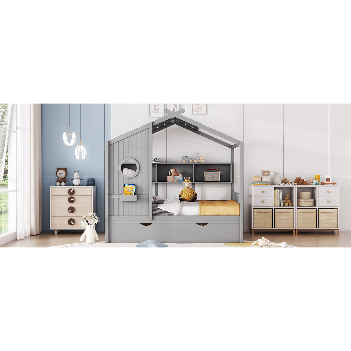variant-group:rf-n733s316125e|Roomfitters Wooden Full Size House Bed with Trundle and Storage Shelf, Gray