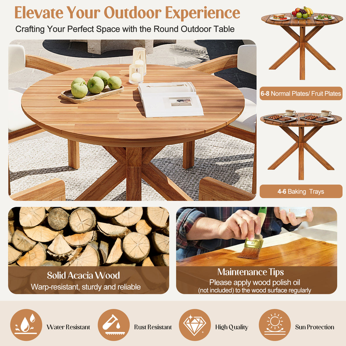 variant-group:rf-n704g201258a|Roomfitters 5-Piece Outdoor Acacia Wood Round Dining Set with Ergonomic Barrel Armchairs Beige Cushions