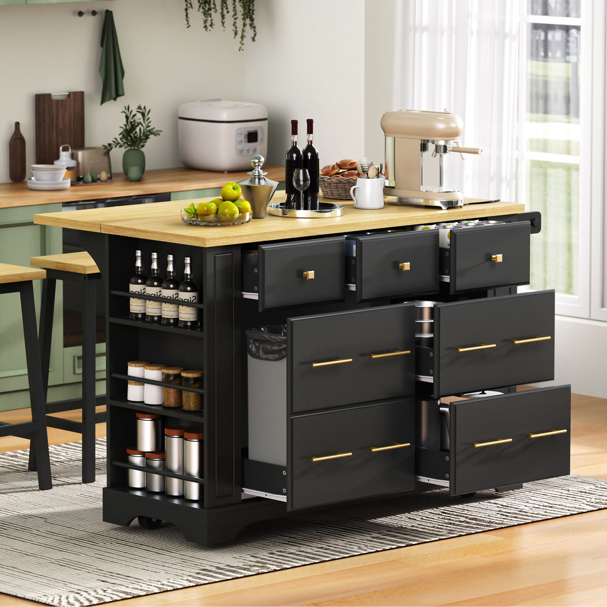 variant-group:rf-n707s307292b|Roomfitters 51" Kitchen Island with Power Outlet and Drop Leaf, Rolling Cabinet with Pull-Out Trash Can Drawer, Black