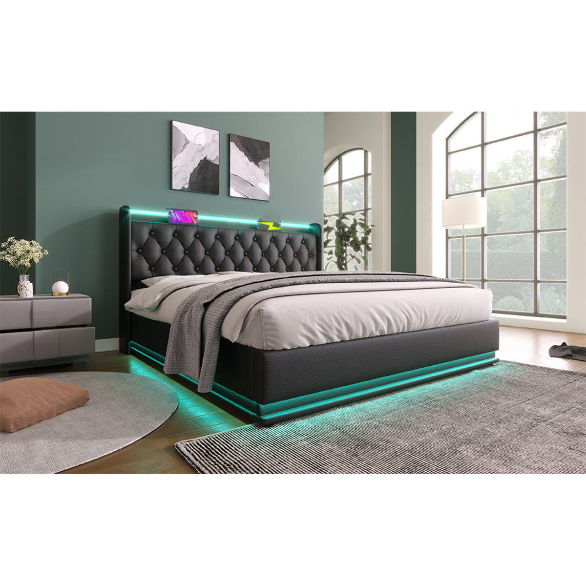 variant-group:rf-n736p188807b|Roomfitters Queen Size Upholstered Storage Bed with USB Type-C Charging and Remote Control, Faux Leather Black