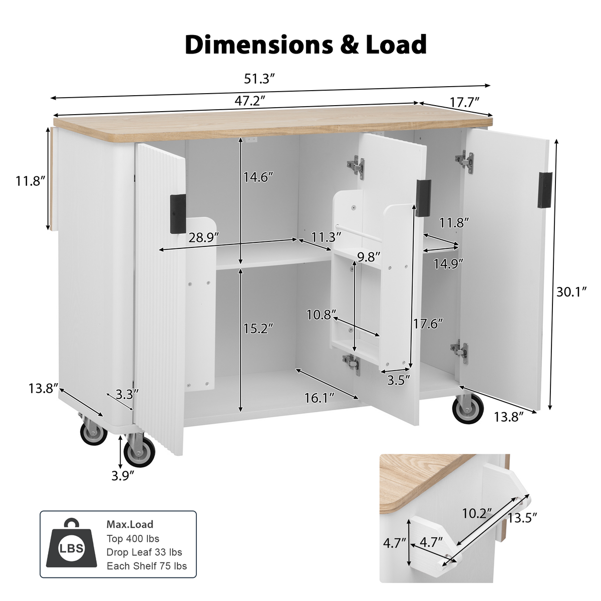 variant-group:rf-n707p221446w|Roomfitters 51" Fluted Kitchen Island with Drop Leaf, Rolling Cart with Storage Rack, Farmhouse Style, Towel Rack, White