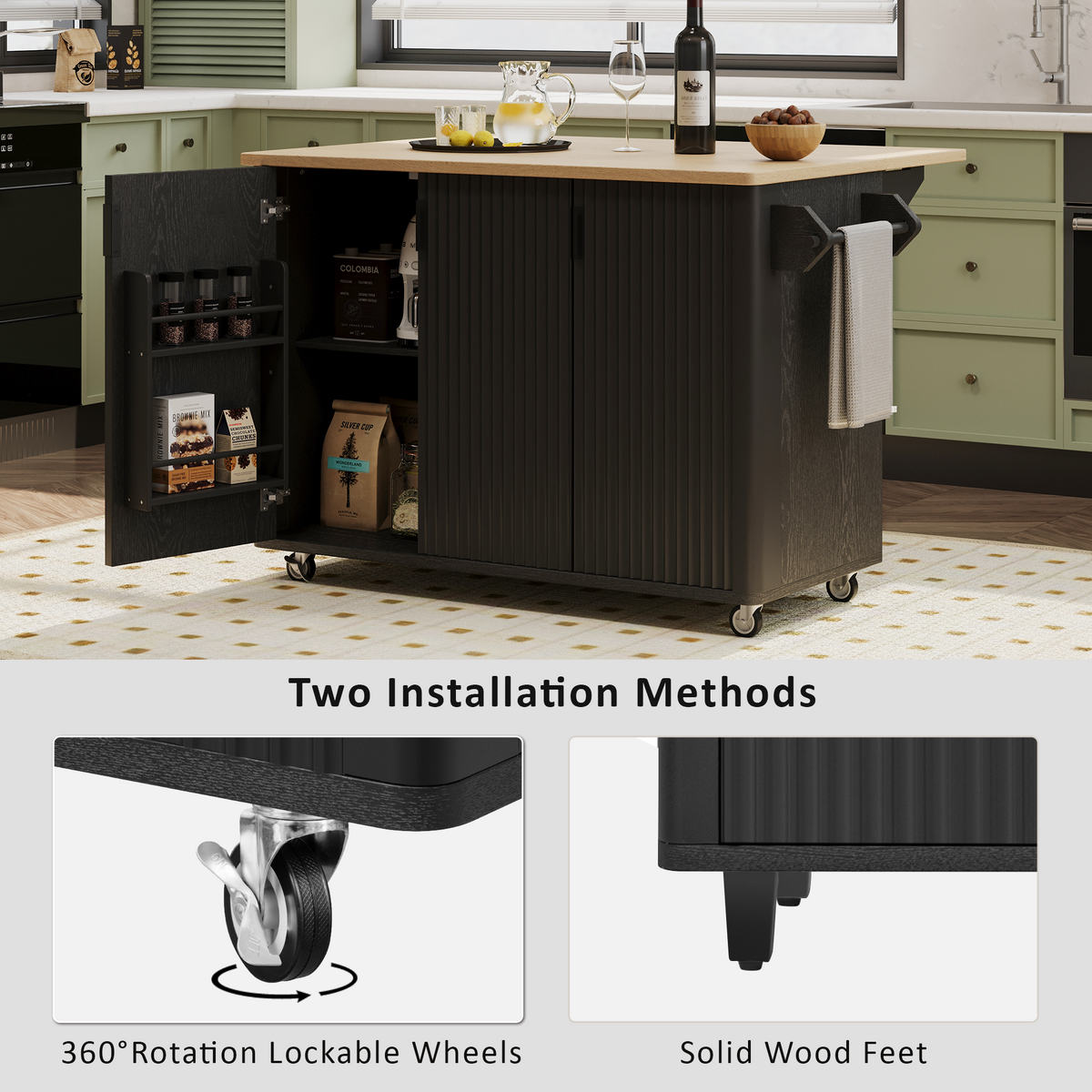 variant-group:rf-n707p221446b|Roomfitters 51" Fluted Kitchen Island with Drop Leaf, Rolling Cart with Storage Rack, Farmhouse Style, Towel Rack, Black