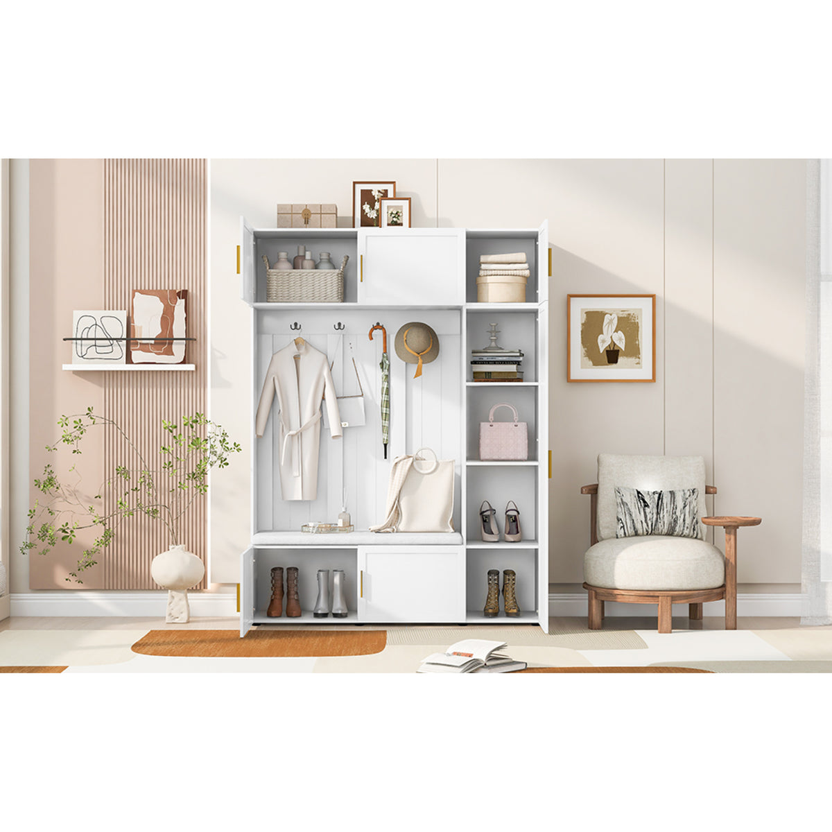 variant-group:rf-n724sj000166aak|Roomfitters American Style 4-in-1 Hall Tree, Upholstered Entryway Bench, Ancient White