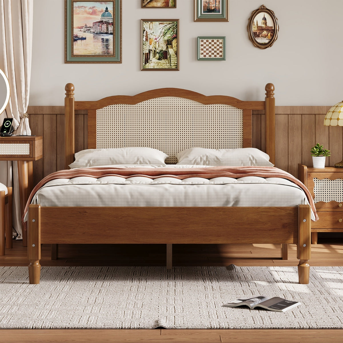 Roomfitters Full Size Wooden Platform Bed with Natural Rattan Headboard, Durable Vintage Bed Frame with Sturdy Wooden Slat Support for Rustic Sophistication, Walnut