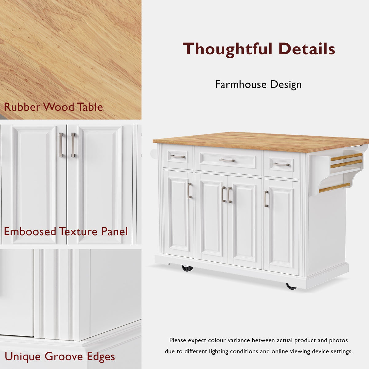 variant-group:rf-n707s195395w|Roomfitters 54" Kitchen Island with Wood Top, Rolling Storage Cabinet with 3 Drawers and 3 Doors, Spice Rack, White