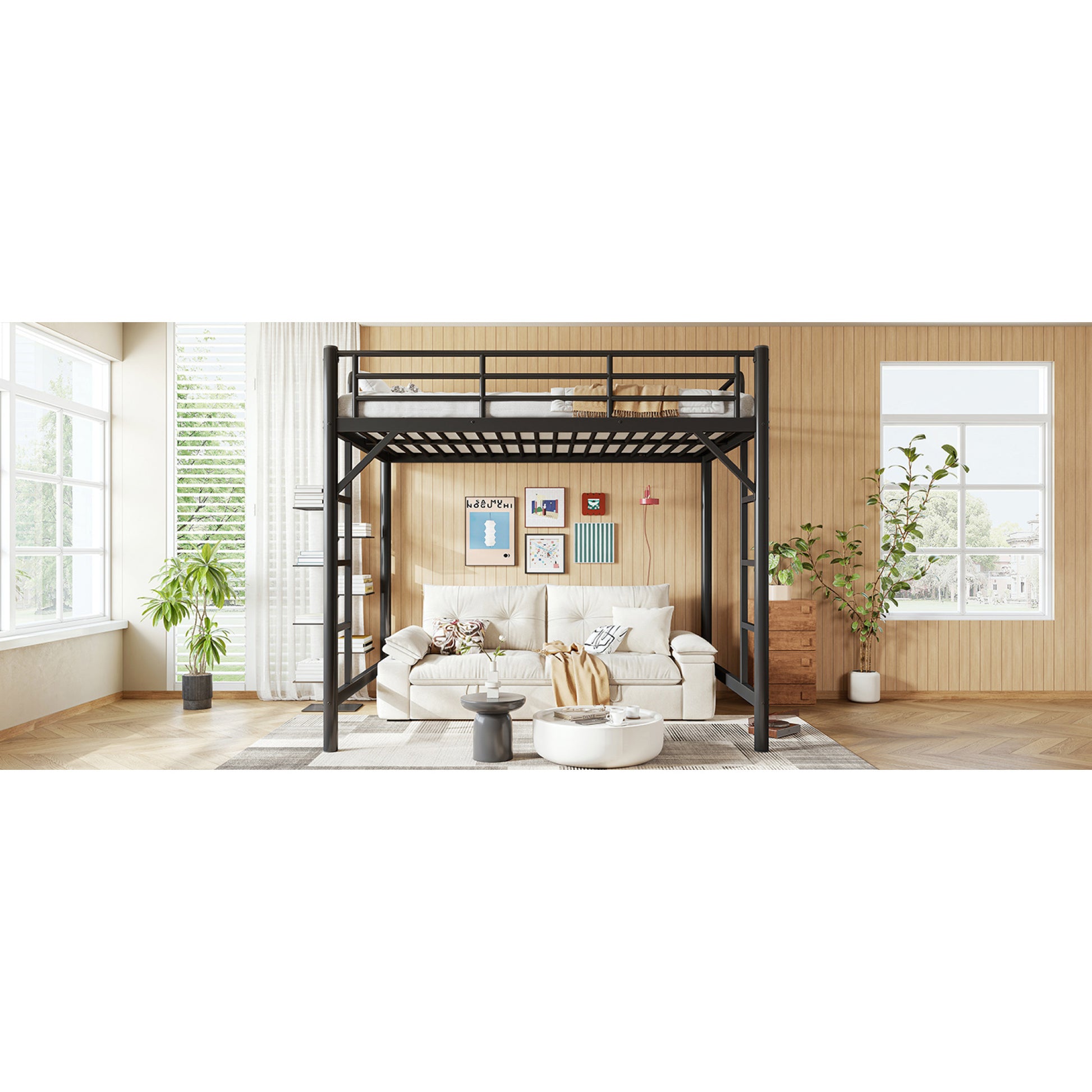 variant-group:rf-w1580p455015|Roomfitters Full Size Metal Loft Bed Frame with Guardrails, Heavy Duty Space Saving High Loft Bed Dual Ladders, Black