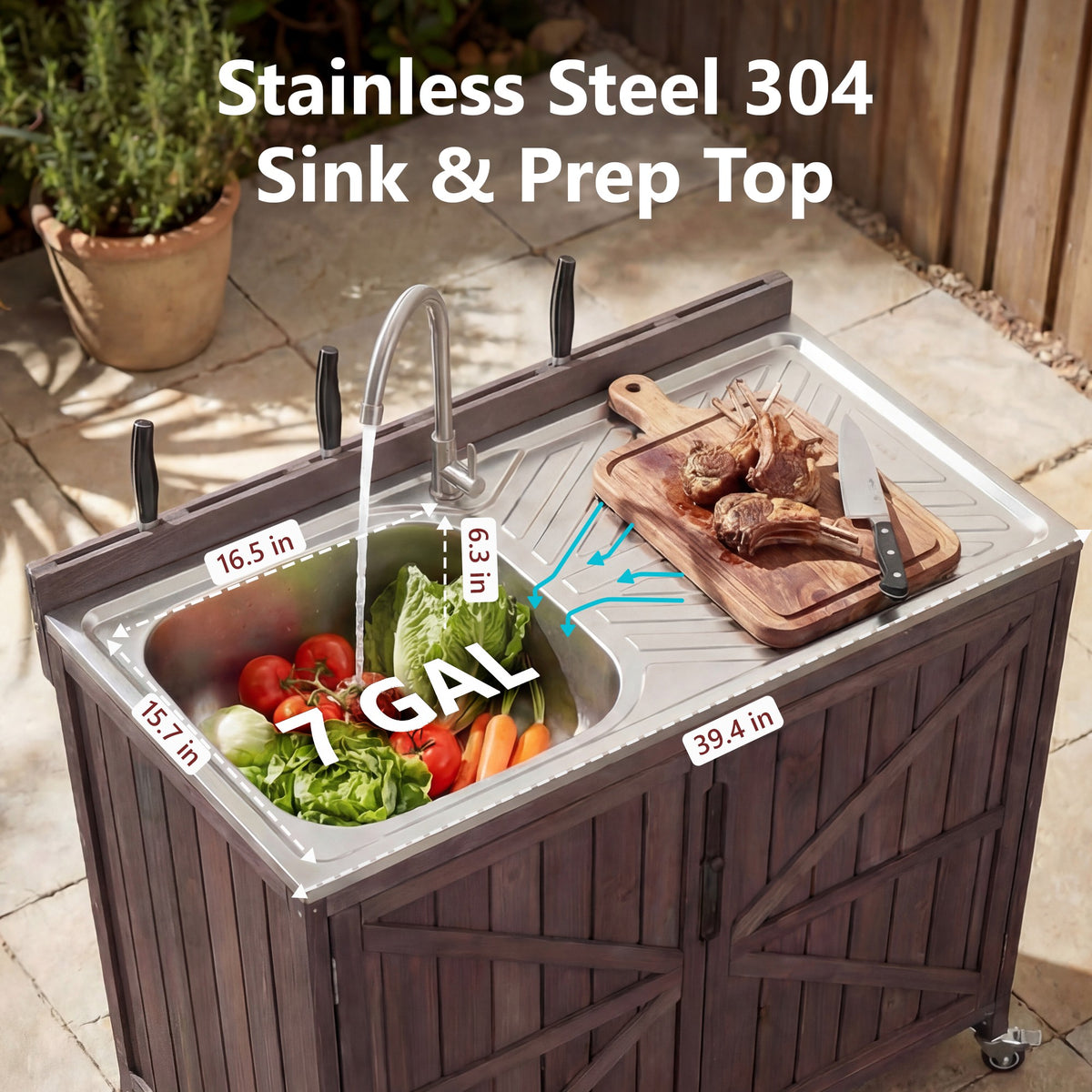 variant-group:rf-n707p370281z|Roomfitters 39.4" Outdoor Grill Cart with Stainless Steel Top, Prep Station with Sink and Storage Cabinet, Dark Brown