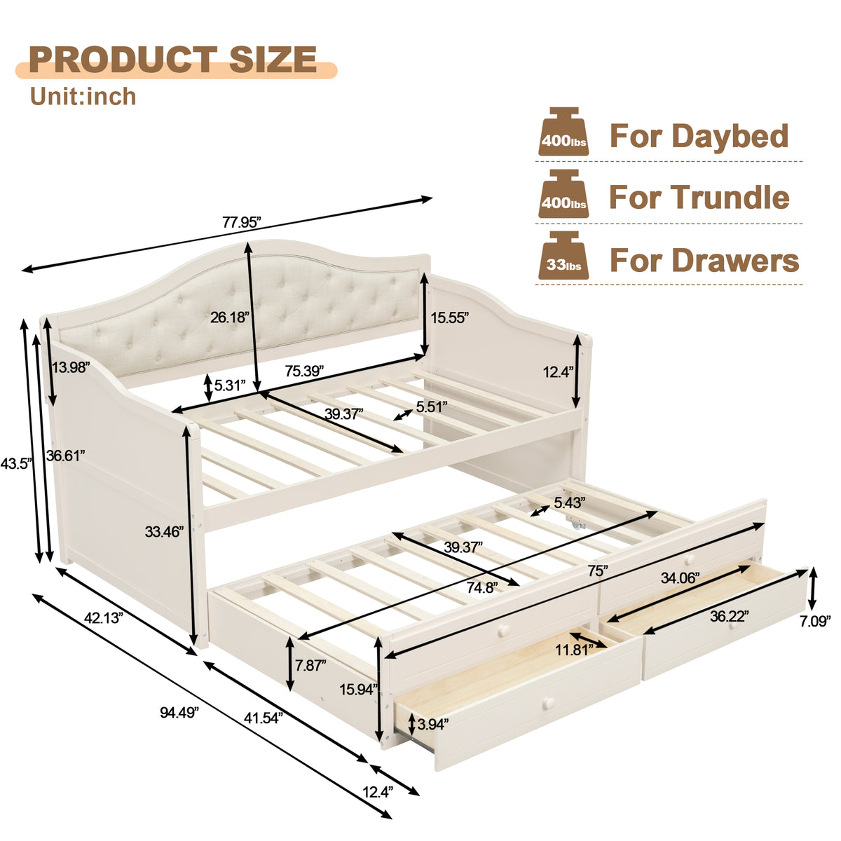 variant-group:rf-n733s346767a|Roomfitters Twin Daybed with Trundle, Wooden Sofa Bed with 2 Storage Drawers & Tufted Backrest, Beige