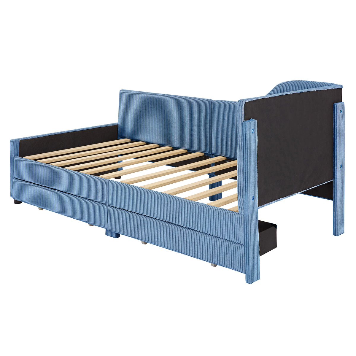 variant-group:rf-n733p171470c|Roomfitters Twin Size L-Shaped Corduroy Daybed, Upholstered Platform Bed Frame with 2 Spacious Storage Drawers for Functional Elegance, Blue