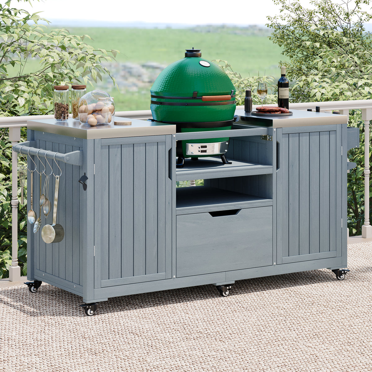 variant-group:rf-n707p250629g|Roomfitters 66.5" Outdoor Kitchen Island for Big Kamado Grills, Wood Grill Cart with Stainless Steel Top, Storage, Grey Blue