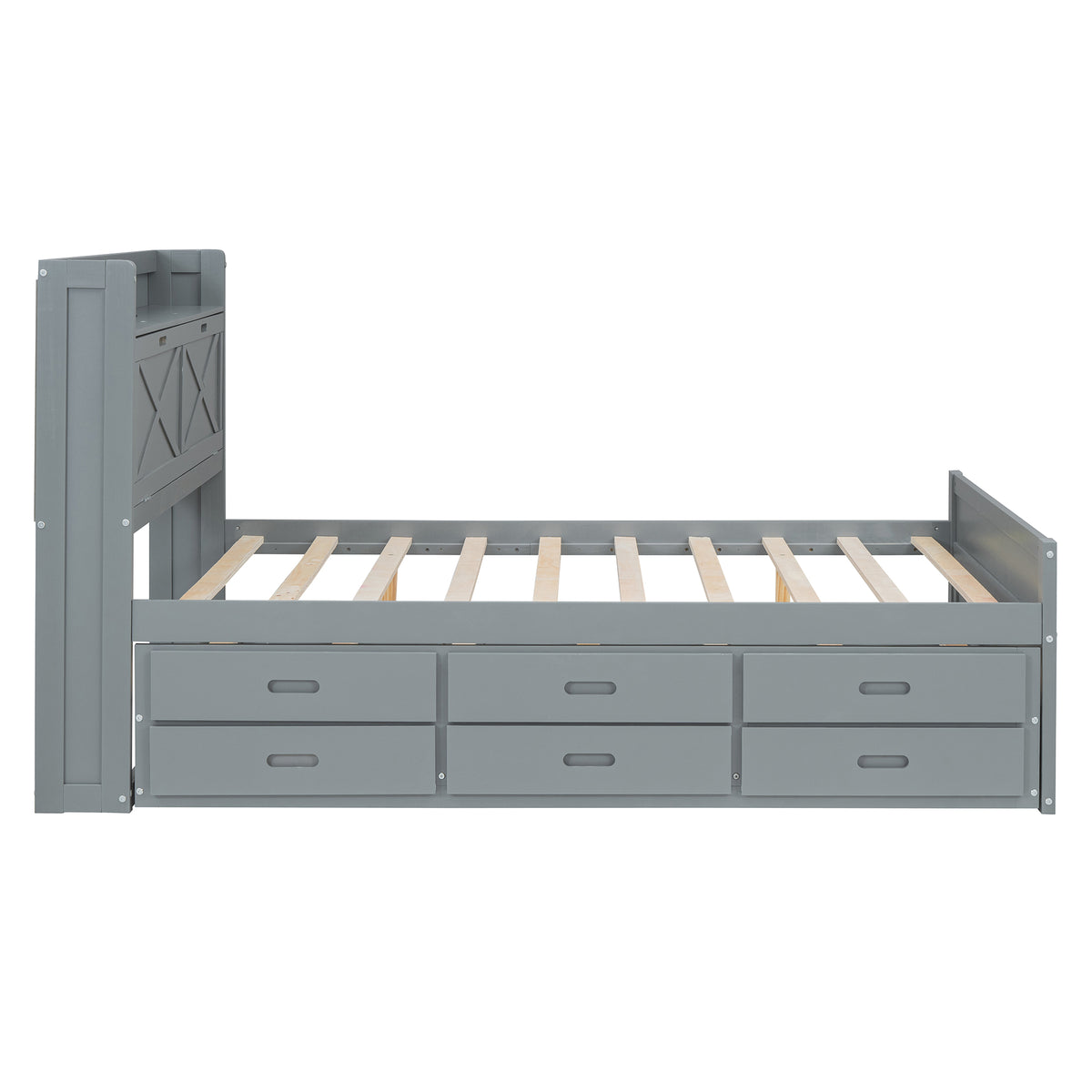 variant-group:rf-n733s172712e|Roomfitters Full Size Wooden Bed with Storage Headboard, Built-In Outlets, Extendable Design with Twin Trundle and Practical Storage, Gray