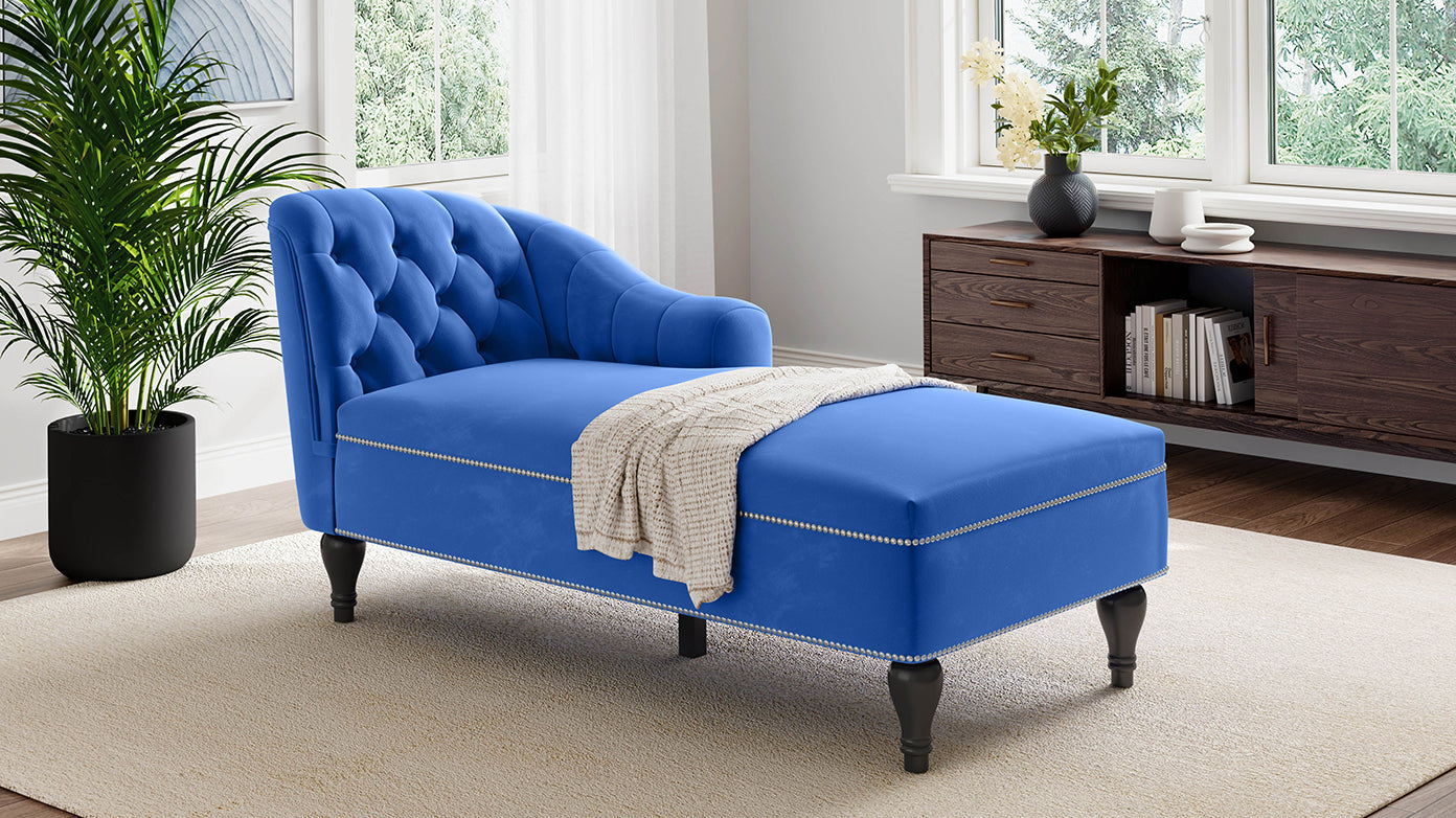 Roomfitters 58 Inch Fainting Couch, Velvet Upholstered Chaise Lounge Sofa with Button-Detailed Back & Nailhead Trim, Blue