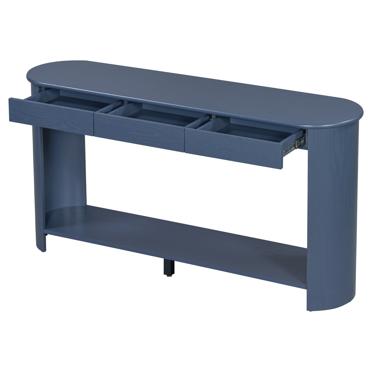variant-group:rf-n711p395523c|Roomfitters Modern Farmhouse Navy Blue Oak Veneer Semi-Circular Console Table with 3 Drawers and Open Bottom Storage Shelf