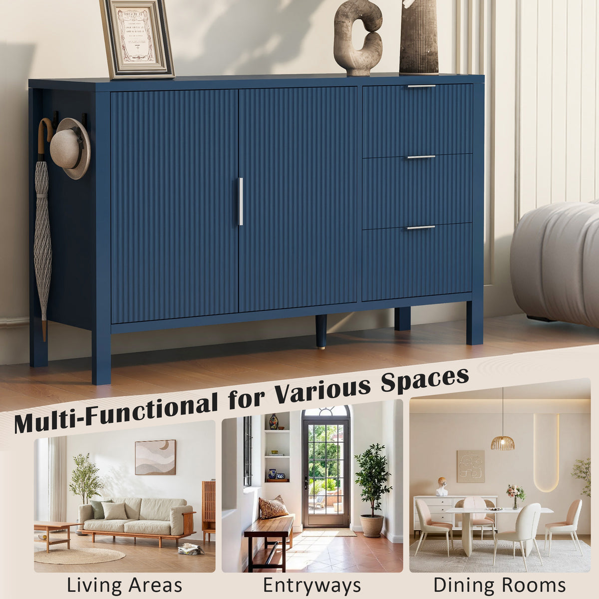 variant-group:rf-n711p345172v|Roomfitters Sideboard Buffet Cabinet with 3 Drawers, 2 Door Mid-century Fluted Accent Storage for Kitchen & Dining, Navy Blue
