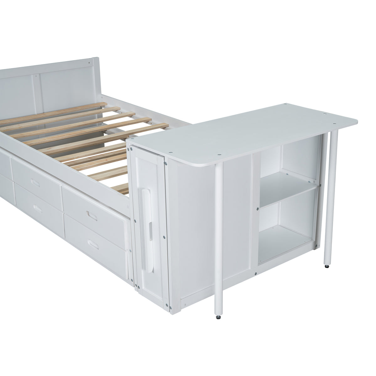 variant-group:rf-n733s212832k|Roomfitters Twin Size Multifunctional Wood Platform Bed with Desk and Storage Shelf, Built-in Trundle and Storage, White