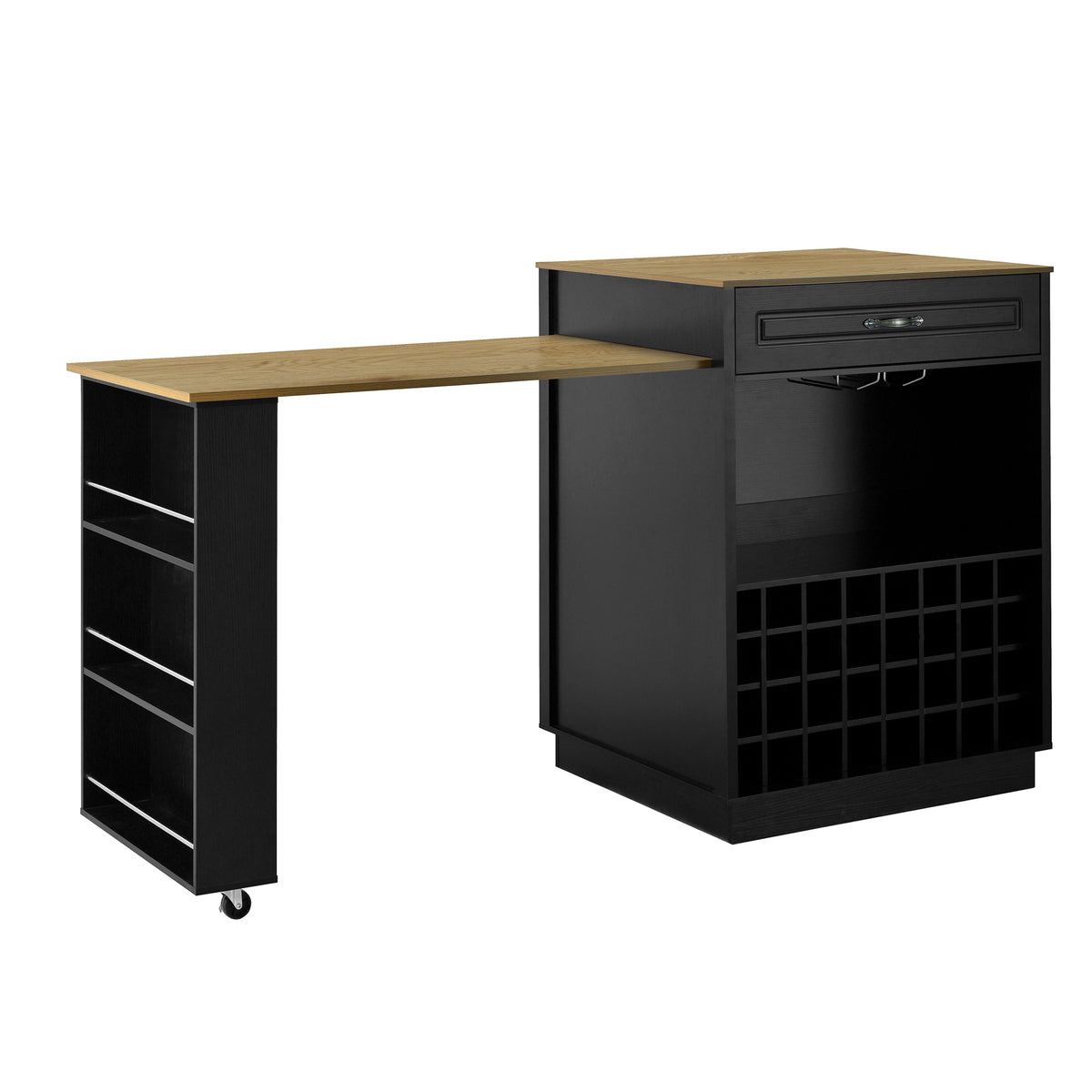 variant-group:rf-n711wy000493aab|Roomfitters Black and Natural Wood MDF Extendable Bar Cabinet, Rolling Kitchen Island Table, Wine Rack Storage