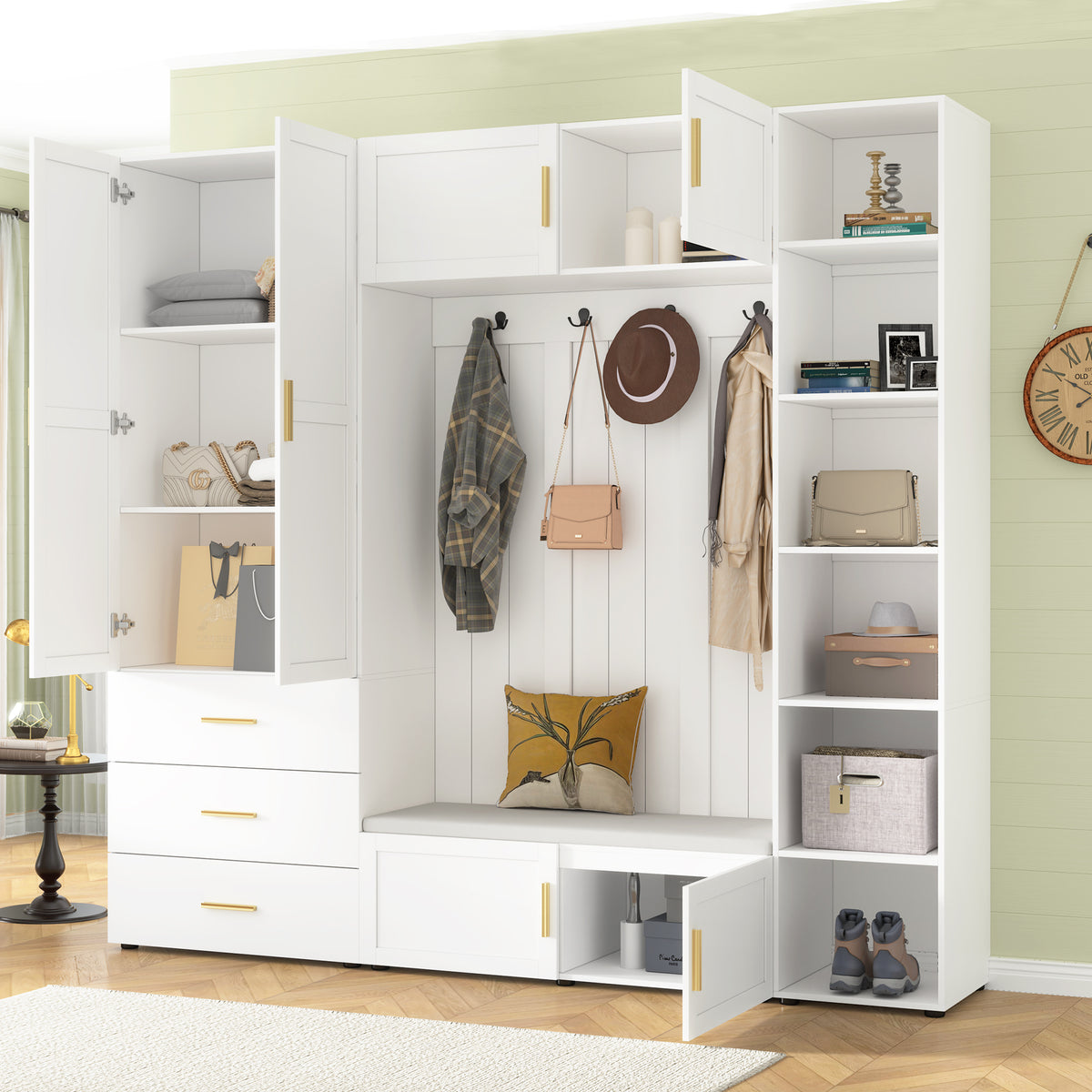 variant-group:rf-n724sj000167aak|Roomfitters American Style Extra-Wide Hall Tree with Padded Cushion Seat, Ancient White