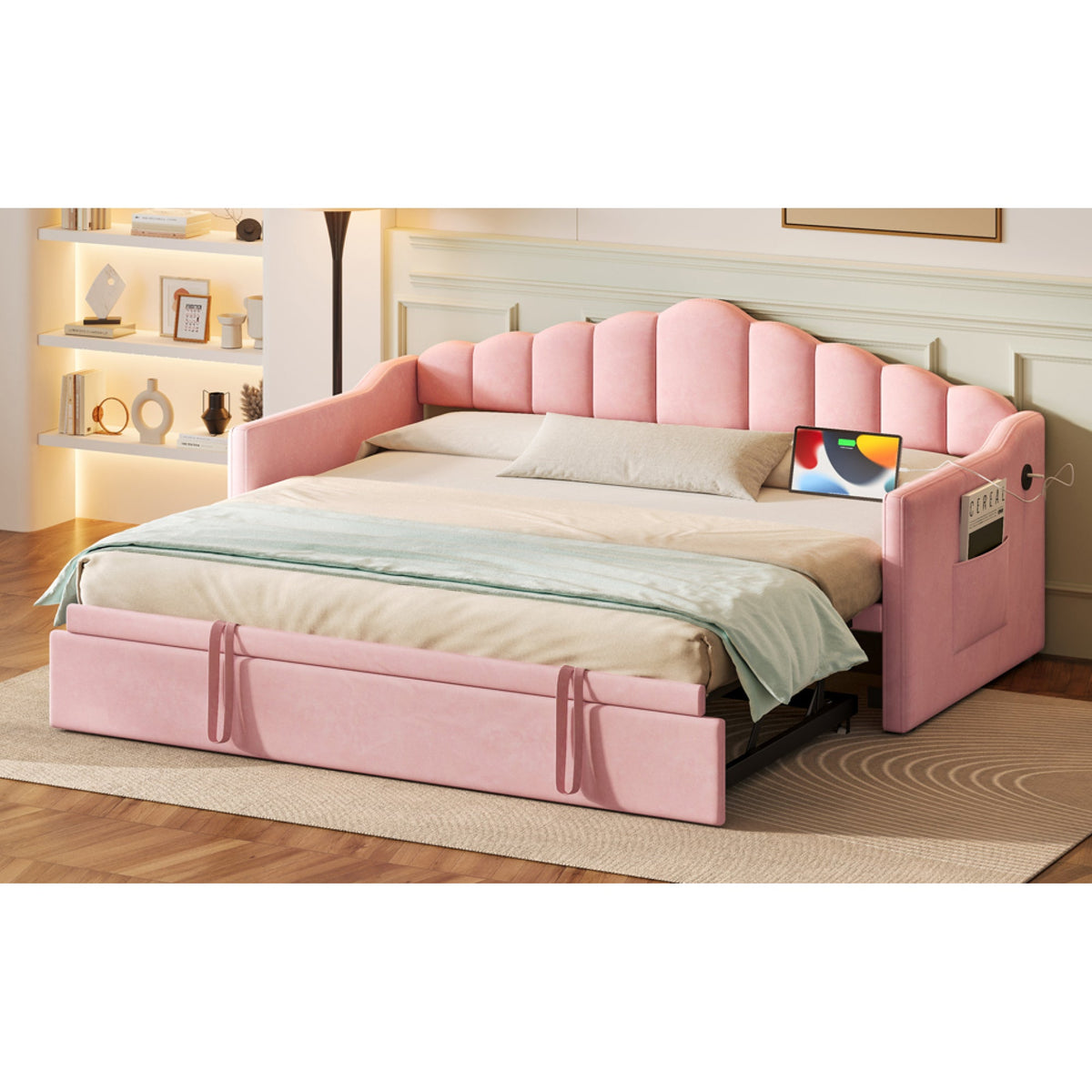 Roomfitters Upholstered Twin Size Daybed with Adjustable Pop-Up Trundle, Sofa Bed with USB & Type-C Ports and Side Pockets, Pink