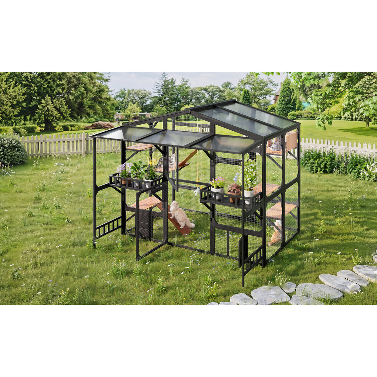 variant-group:rf-n704g201620b|Roomfitters Extra Large Wood Catio Cat Cage Outdoor Kennel with Transparent Sunroof and Dual Storage Shelves Black