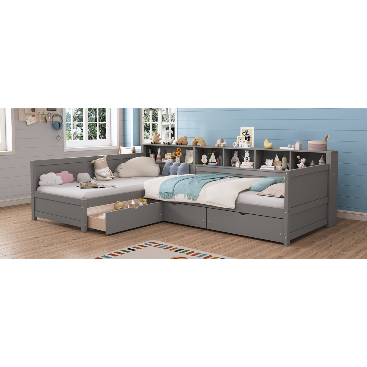 variant-group:rf-n733s369272e|Roomfitters Twin L-Shaped Daybed for 2 with 3 Storage Drawers, Wooden Corner Bed Frame with Bookshelf for Bedroom, Gray