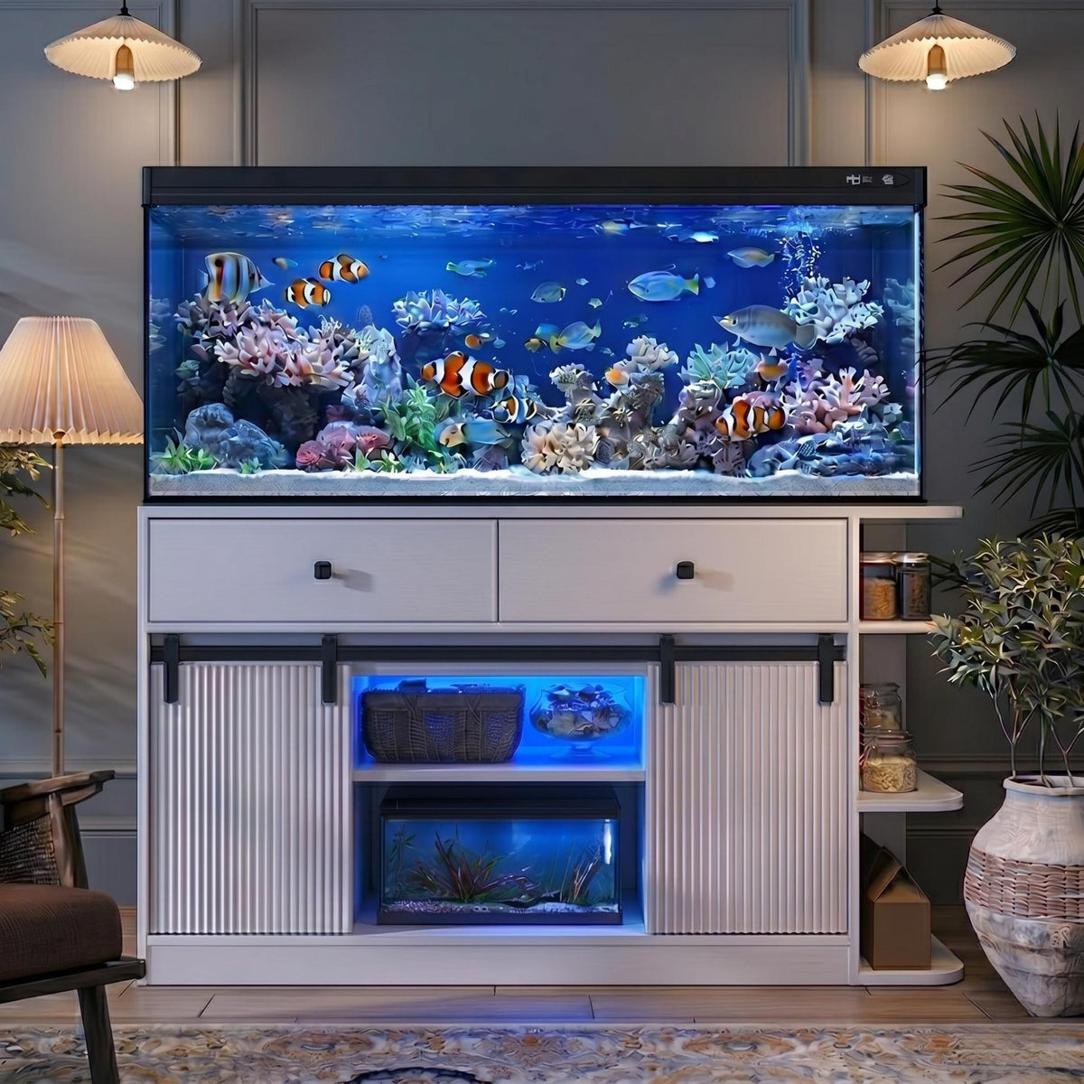 Roomfitters 75 Gallon Fish Tank Stand with Smart App RGB LED Lights Sliding Fluted Doors and Power Outlets White Roomfitters