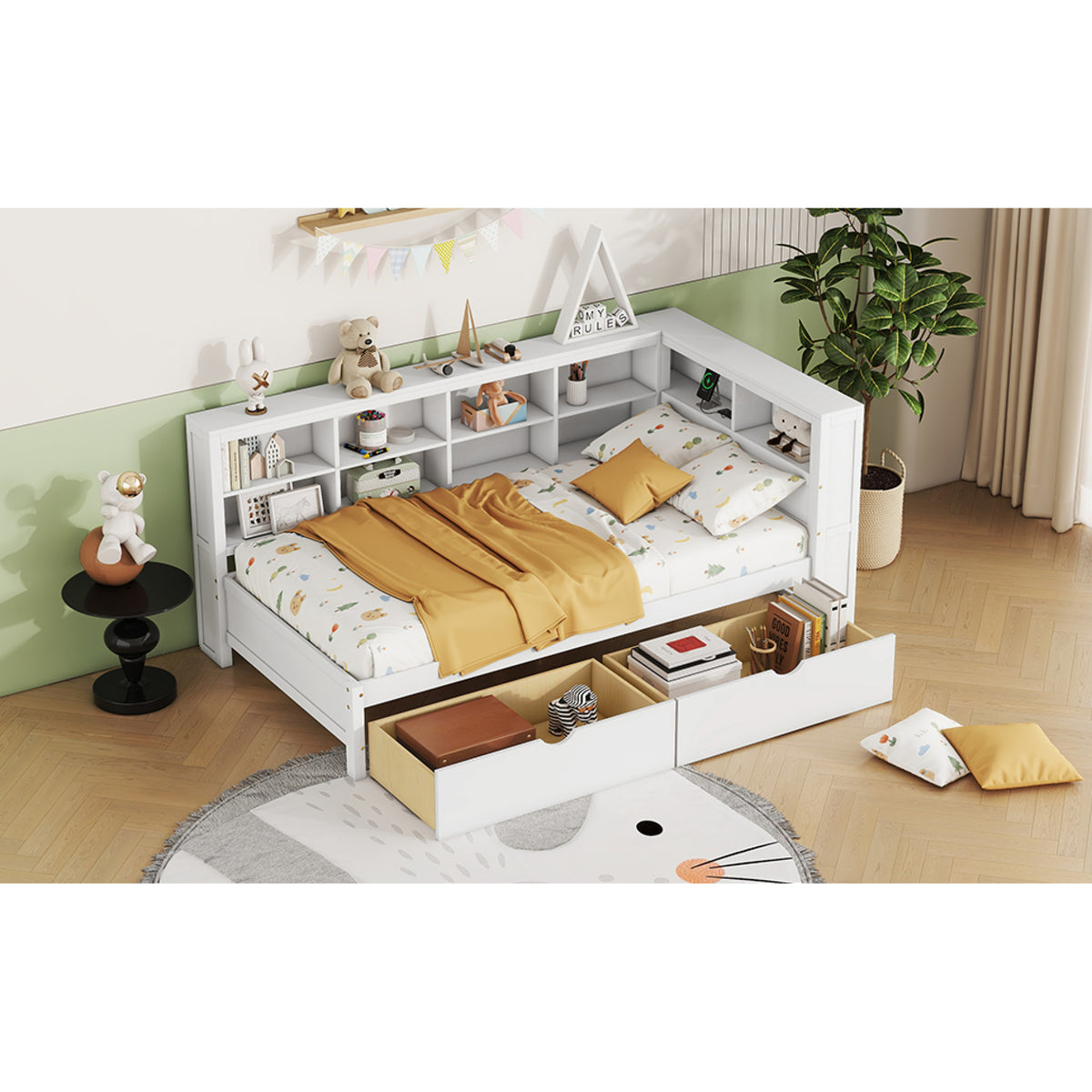 variant-group:rf-n733s347768k|Roomfitters Wooden Twin Daybed with Underbed Storage, Built-In Shelf & USB Charging Ports, White