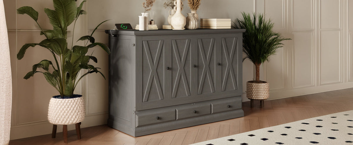 Roomfitters Full Size Solid Wood Murphy Bed Chest Cabinet, Farmhouse Wall Bed Charging Station Storage Drawer, Grey Roomfitters