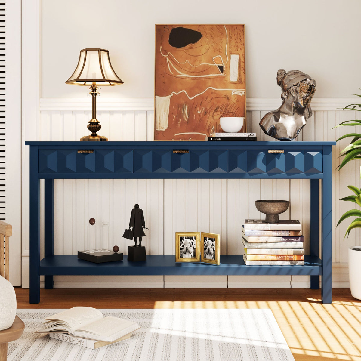 Roomfitters 60'' Entryway Console Table with Storage, Modern Accent Sofa Table with Geometric Front Design, Navy Blue Roomfitters