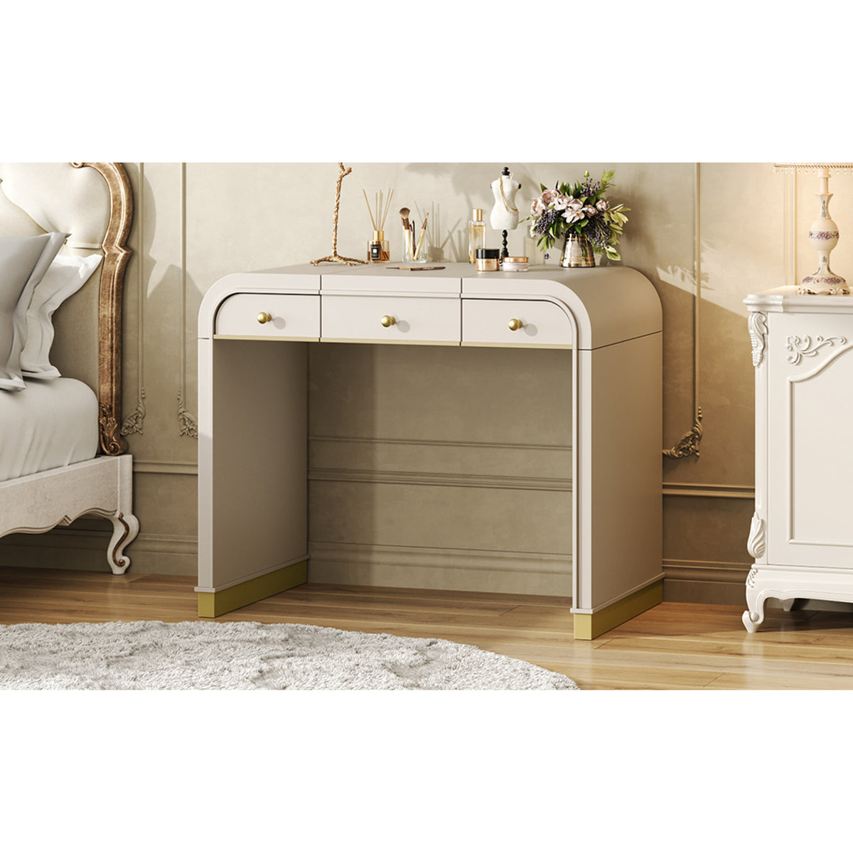 variant-group:rf-n704p381406c|Roomfitters Flip Top Vanity Desk with Mirror and Hidden Storage, Modern Makeup Table with Gold Trim for Small Space, Champagne